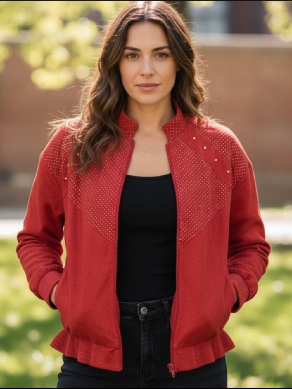 Vintage 80’s vegan suede zip - up red jacket with gold studs